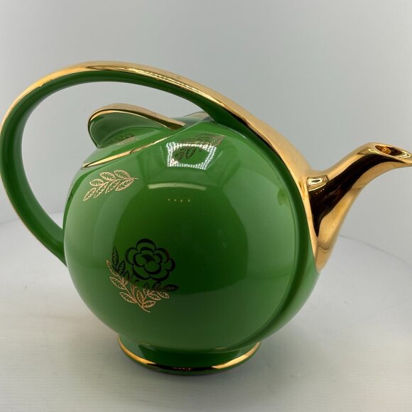 Vintage Hall Rhythm 6-Cup Teapot Emerald Green Gold Rose Mid-Century - Picture 4 of 9